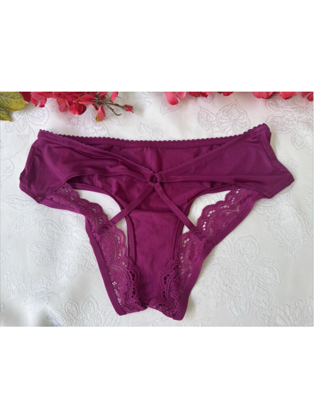 VICTORIA'S SECRET XS PURPLE PINK SILKY OPEN BACK STRAPPY CHEEKY PANTIES NWT